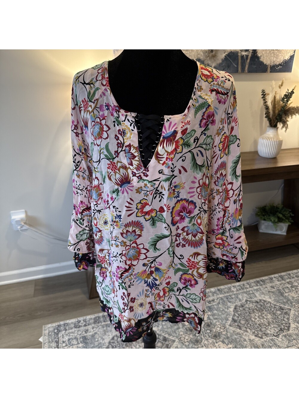 Democracy Top Pink Floral Lace Up Neck 3/4 Bell Sleeves Size M
